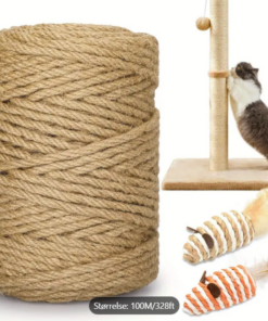 Kraftigt 100m klösrep för katter - Extra tjockt 6mm naturligt jute/sisalrep, med 2 interaktiva musleksaker